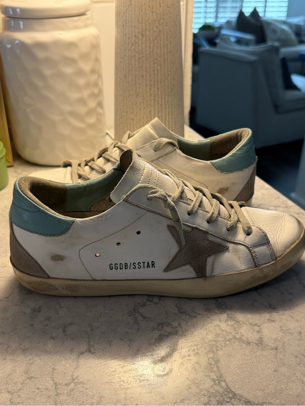 Golden Goose White Super-Star with teal accent in great condition
